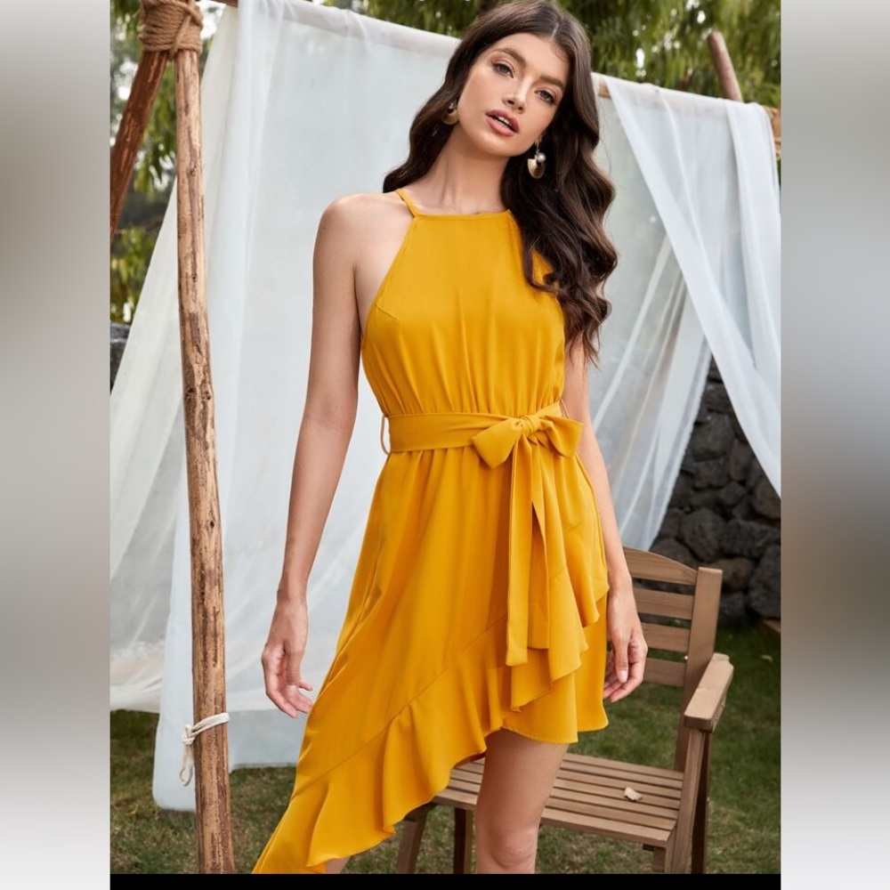 Shein tie back belted ruffle asymmetrical gold / yelllow dress
